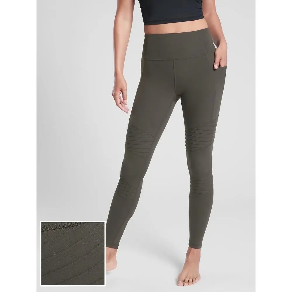 Athleta M Inclination Moto Tight Leggings Olive Green Grey High Rise Performance